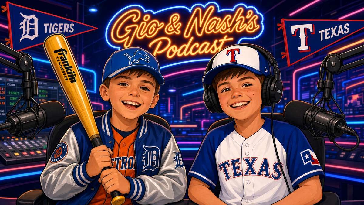 Gio and Nash in their podcast studio with microphones and headphones